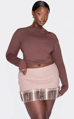 Plus Brown Faux Fur Trim Wool Look Micro Mini Skirt