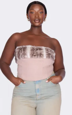 Plus Brown Faux Fur Trim Wool Look Bandeau Corset