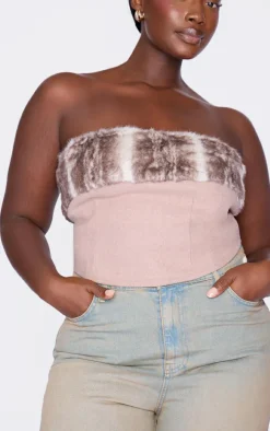 Plus Brown Faux Fur Trim Wool Look Bandeau Corset