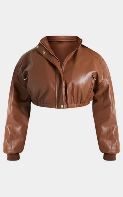 Plus Brown Faux Leather Pocket Detail Ruched Hem Bomber Jacket