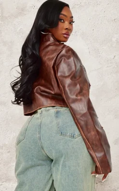 Plus Brown Faux Leather Studded Cropped Jacket