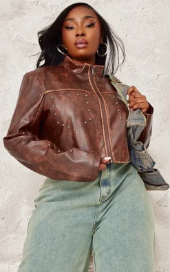 Plus Brown Faux Leather Studded Cropped Jacket