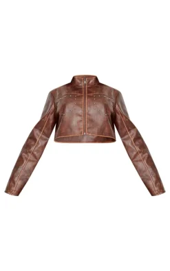 Plus Brown Faux Leather Studded Cropped Jacket