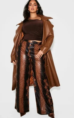 Plus Brown Faux Leather Snake Print Wide Leg Pants