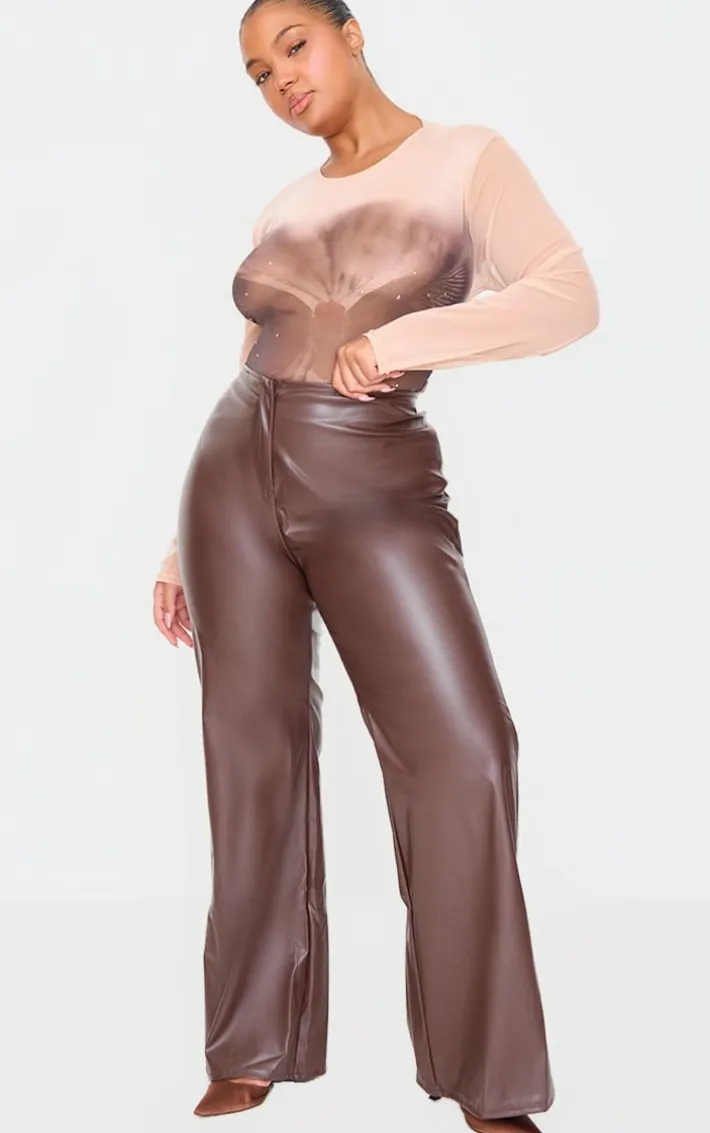 Plus Brown Faux Leather Straight Leg Pants