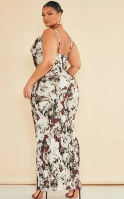 Plus Brown Floral Printed Plisse Cowl Neck Maxi Dress