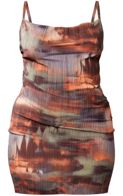 Plus Brown Grunge Printed Plisse Cowl Neck Bodycon Dress