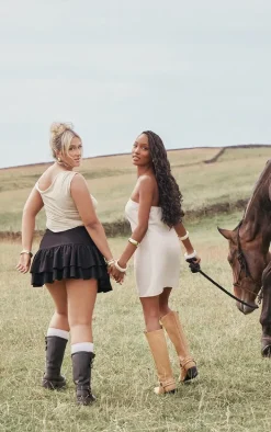 Plus Brown Horse Printed Slinky Asymmetrical Crop Top