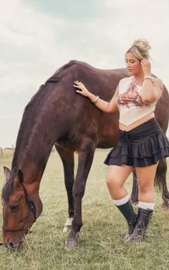 Plus Brown Horse Printed Slinky Asymmetrical Crop Top