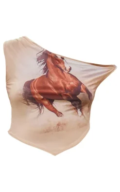 Plus Brown Horse Printed Slinky Asymmetrical Crop Top
