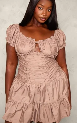 Plus Brown Lace Up Frilled Bardot Shift Dress