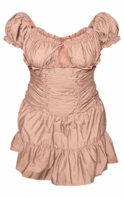 Plus Brown Lace Up Frilled Bardot Shift Dress