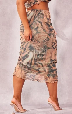 Plus Brown Leopard Lettuce Hem Mesh Midi Skirt