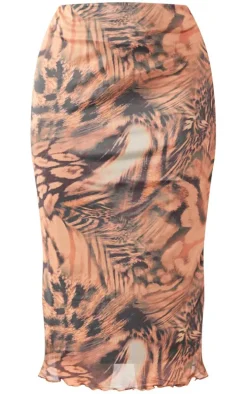 Plus Brown Leopard Lettuce Hem Mesh Midi Skirt
