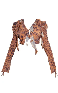 Plus Brown Leopard Print Chiffon Frill Tie Split Sleeve Crop Top