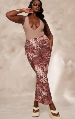 Plus Brown Leopard Print Crinkle Maxi Skirt