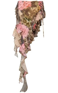 Plus Brown Leopard Print Chiffon Frill Detail Midi Skirt