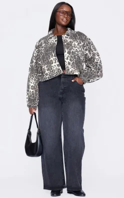 Plus Brown Leopard Print Cropped Boxy Bomber Jacket