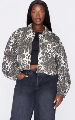 Plus Brown Leopard Print Cropped Boxy Bomber Jacket