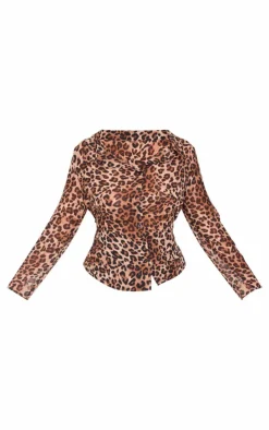 Plus Brown Leopard Print Chiffon Fitted Long Sleeve Shirt