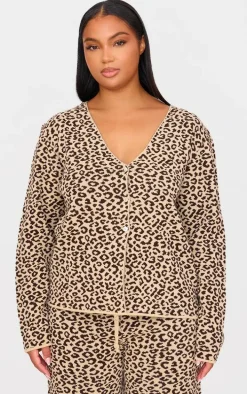 Plus Brown Leopard Print V Neck Knitted Button Up Cardigan