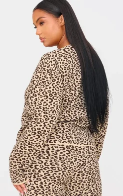 Plus Brown Leopard Print V Neck Knitted Button Up Cardigan