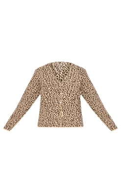 Plus Brown Leopard Print V Neck Knitted Button Up Cardigan
