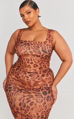Plus Brown Leopard Printed Dipped Hem Corset Top