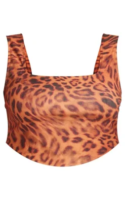 Plus Brown Leopard Printed Dipped Hem Corset Top