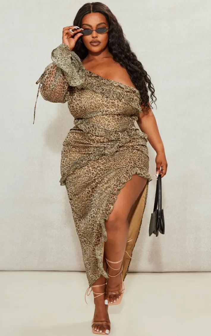 Plus Brown Leopard Ruffle One Shoulder Midi Dress