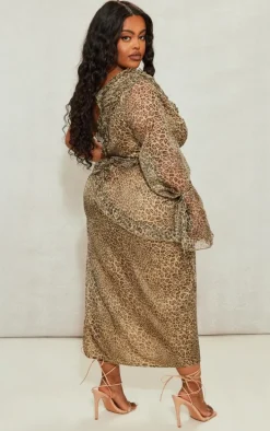 Plus Brown Leopard Ruffle One Shoulder Midi Dress