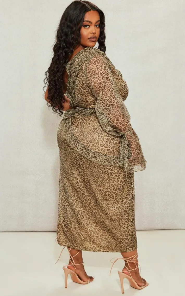 Plus Brown Leopard Ruffle One Shoulder Midi Dress