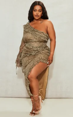Plus Brown Leopard Ruffle One Shoulder Midi Dress