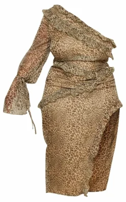 Plus Brown Leopard Ruffle One Shoulder Midi Dress