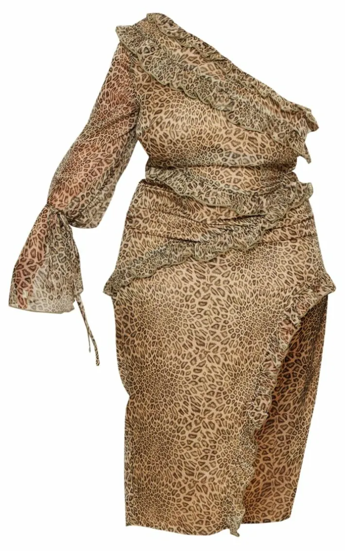 Plus Brown Leopard Ruffle One Shoulder Midi Dress