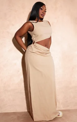 Plus Brown Linen Look O Ring Detail Maxi Dress