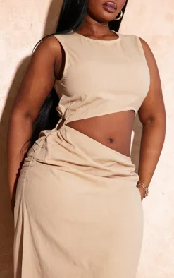 Plus Brown Linen Look O Ring Detail Maxi Dress