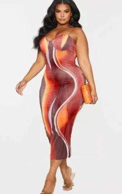 Plus Brown Ombre Stripe Cup Detail Midi Dress