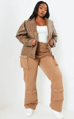 Plus Brown Oversized Faux Leather Distressed Look Biker Jacket