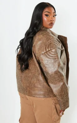 Plus Brown Oversized Faux Leather Distressed Look Biker Jacket