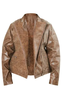 Plus Brown Oversized Faux Leather Distressed Look Biker Jacket