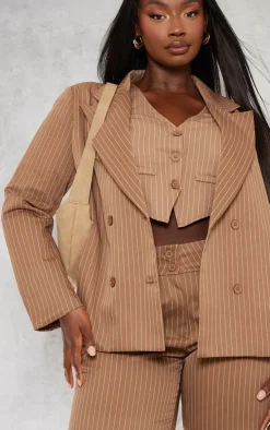Plus Brown Oversized Stripe Tailored Blazer
