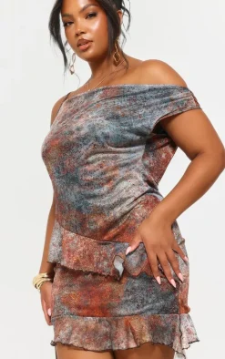 Plus Brown Print Asymmetric Neck Frill Detail Bodycon Dress