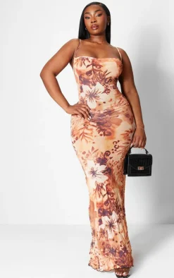 Plus Brown Printed Crinkle Mesh Cowl Neck Maxi Dress