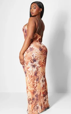 Plus Brown Printed Crinkle Mesh Cowl Neck Maxi Dress