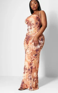 Plus Brown Printed Crinkle Mesh Cowl Neck Maxi Dress
