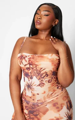 Plus Brown Printed Crinkle Mesh Cowl Neck Maxi Dress