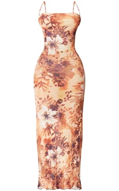 Plus Brown Printed Crinkle Mesh Cowl Neck Maxi Dress