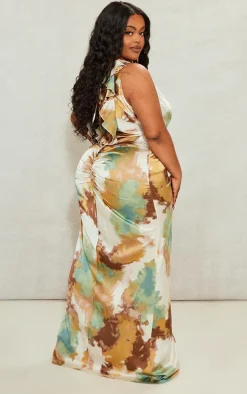 Plus Brown Printed Satin Cowl Neck Maxi Dress
