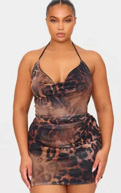 Plus Brown Printed Slinky Cowl Neck Mini Dress